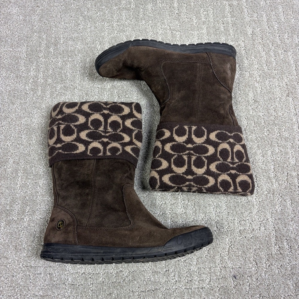 Vintage Coach Tatum Brown Leather & Wool Suede  Mid Calf Boots Y2K Monogram 7.5